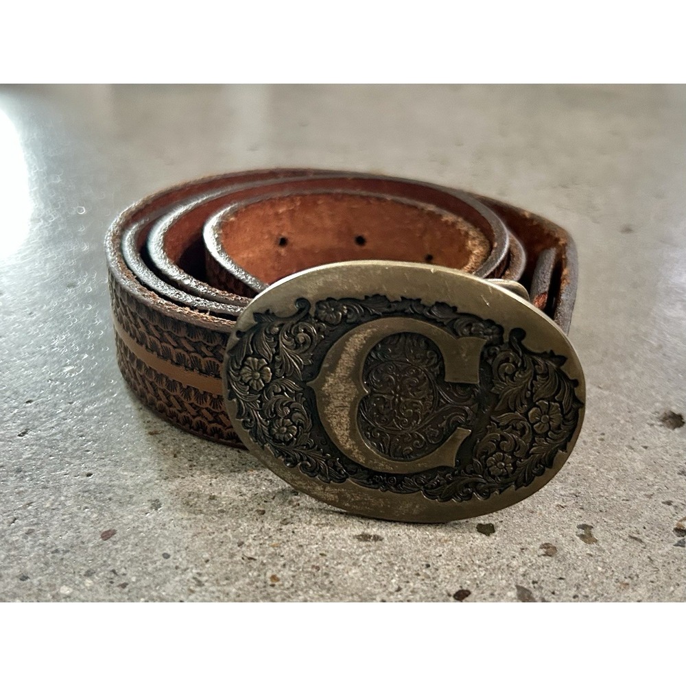 Western‎ Tooled Leather Belt Brass Buckle C Initial Sz 40